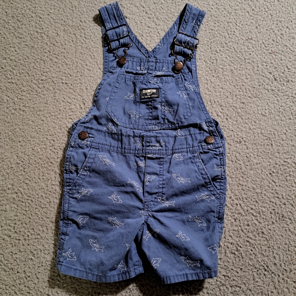OshKosh B`Gosh Vestbak Boy`s Blue Sharks Overall Shortalls Shorts / Size 2t